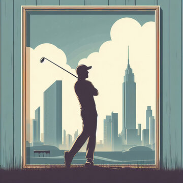 Illustration in vintage graphic style of a golf player in beautiful city landscape
