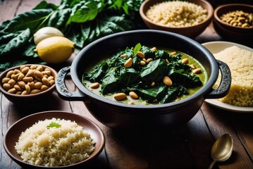 A stew made with leafy greens (such as cassava leaves or spinach), often cooked with fish, meat by ai generated