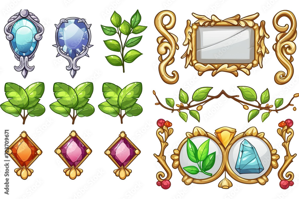 Poster set of user interface elements with golden and silver border with leaves and gems