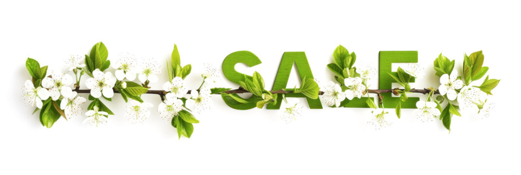 Banner with green word SALE on white background with blossom cherry