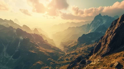 Zelfklevend Fotobehang Sunset Over Majestic Mountain Landscape, Illustration Style Scenery with Golden Light Illuminating the Rugged Terrain © Muhammad