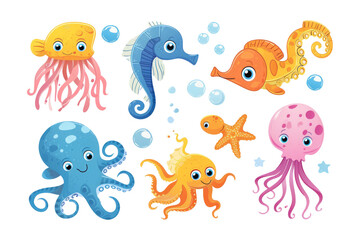 Cute underwater animals, fish, seahorse, jellyfish and octopus
