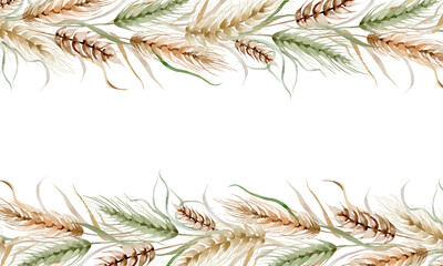 Watercolor frame of spikelet. Background wheat ears hand drawn ornament. Summer harvest of bread stalks to decorate card layout. Nature border for thanksgiving. - obrazy, fototapety, plakaty