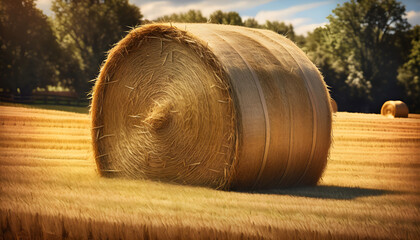Golden Hour on a Farm With Freshly Baled Hay and Tranquil Fields