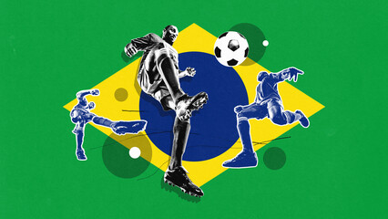 Dynamics. Young man, soccer player representing team of Brazil on international match. Concept of...