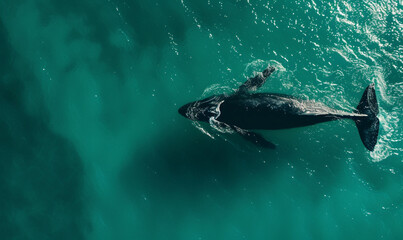 Fototapeta premium aerial view of whale in the sea water surface. top view of whale.