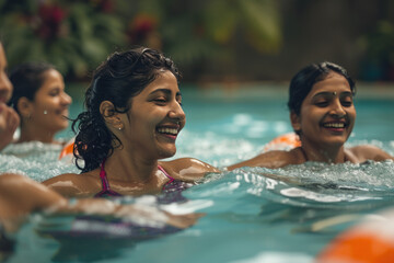 Active Indian women enjoying aqua fit class in a pool - obrazy, fototapety, plakaty