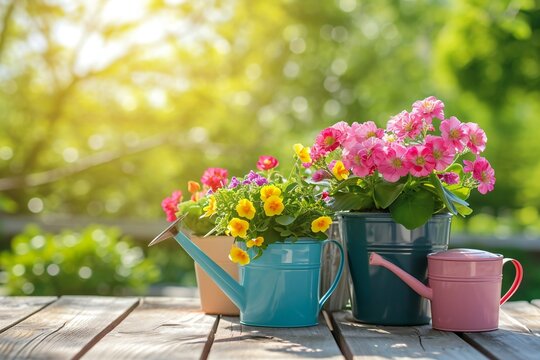 flowers bouquet in watering can on table outdoor, green natural background. floral decor in garden. romantic atmosphere nature image. spring, summer season. template for design. copy space