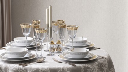 Classic Victorian dining table with plates, bowl, glasses, candle in sunlight from window for luxury baroque interior design decoration background 3D