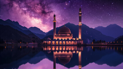 A magnificent mosque on the edge of a calm lake with a backdrop of silhouetted mountains under a purple sky decorated with the sparkling stars of the Milky Way