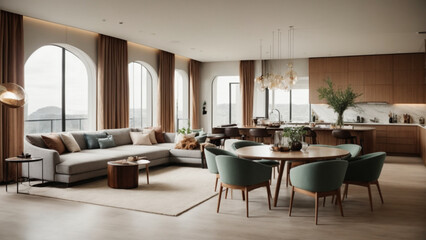 Scandinavian living room with design mint sofa furnitures mock up poster. Generative AI.