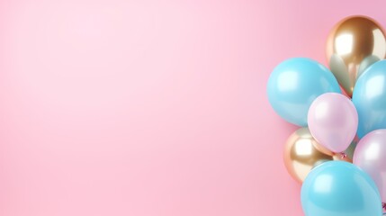 A backdrop of soft pastel pink hosts an arrangement of blue and gold foil balloons on a card, leaving room for additional text. - obrazy, fototapety, plakaty