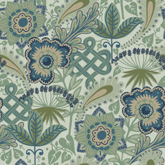 Seamless floral pattern with green and blue shades. Great for wallpaper, fabrics, fashion.