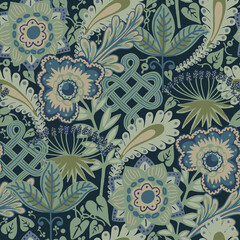 Seamless floral pattern with green and blue shades on dark background. Great for wallpaper, fabrics, fashion.