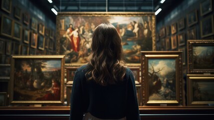 Experience the allure of an old museum art gallery through the back view of an adult woman engrossed in studying the exhibited paintings. - obrazy, fototapety, plakaty