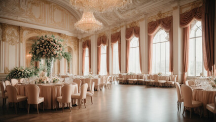 Banquet hall for weddings, banquet hall decoration, atmospheric decor. Generative AI.