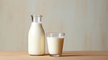 Experience simplicity with a bottle and glass of milk resting on a wooden table against a soft beige backdrop.
