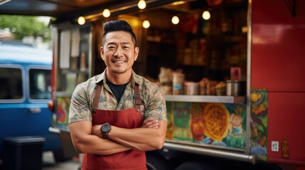 joyful, middle-aged Asian male, a small business owner, who is smiling and standing next to his food truck.