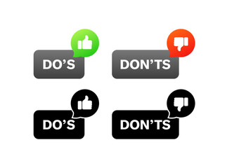 Do's and don'ts icons. Like and dislike. Vector icons