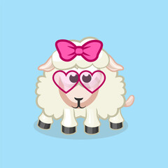 Cartoon sheep girl wearing pink hair bow and glasses