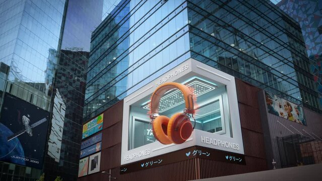 Big City 3D Billboard of a Headphones. Creative Technology Debive Advert in Urban District on a Skyscraper. Advertising Concept with Immersive Innovative Entertainment Display, Visual Creativity