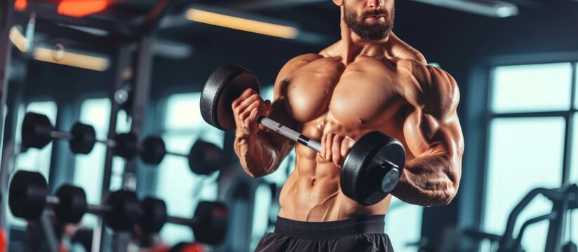 Muscular fit man at gym center workouts exercises with dumbbells at biceps. Generated AI image