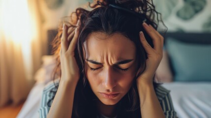 early morning challenge as a young woman copes with a headache, her expression revealing the discomfort she is experiencing. - obrazy, fototapety, plakaty