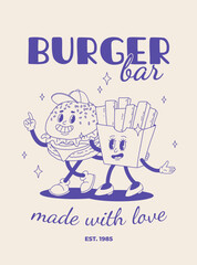 Fast food poster blue on beige. Retro groovy illustration with street food characters. Brochure with funky groovy burger, french fries, soda, ice cream, donut, pie, coffee to go. Fast food delivery