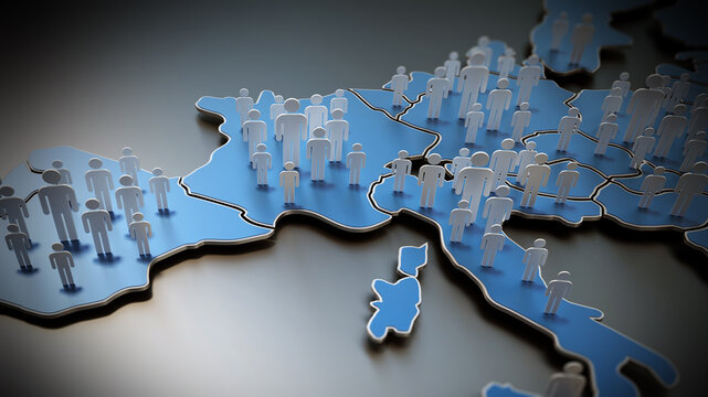 3D little people standing on the map of Europe. 3D illustration