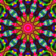 Fascinating kaleidoscope of colors that blend harmoniously, a vibrant show dynamics. Beautiful  colorful bokeh festive lights in kaleidoscope. Mosaic texture. Stained glass effect.