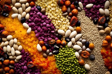 Top view of a diverse selection of colorful legumes and nuts arranged neatly in containers, ideal...