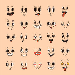 Fototapeta premium Set of 70s groovy comic faces vector. Collection of cartoon character faces in different emotions happy, angry, sad, cheerful. Cute retro groovy hippie illustration for decorative, sticker.