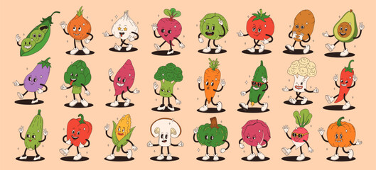 Fototapeta premium Funny vegetables retro cartoon characters sticker set. Modern label with cute comics characters. Hand drawn doodles of comic mascot. Set in modern cartoon style. 70s retro vibes.
