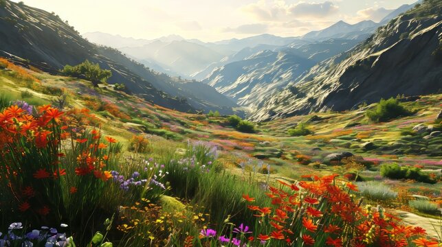 Sunlit Mountain Valley Blooming with Colorful Wildflowers in Illustrative Landscape Art