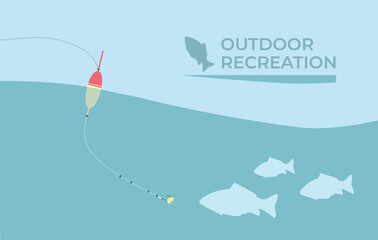 Fishing and active hobby. Fishing rod with fishing line float and hook. Fish biting a lure. Floats fishing on the lake or river. leisure.Оutdoor recreational. Vector illustration flat design. Isolated