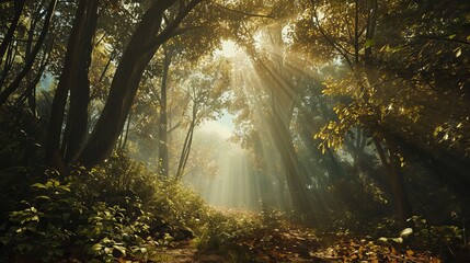 Sunlit Forest Pathway, Lush Greenery and Beaming Sunrays in a Tranquil Woodland Illustration