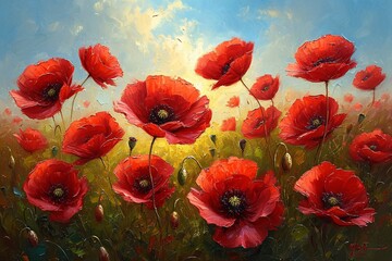 Obraz premium Blooming Beauties: A Vibrant Painting of Red Poppies in a Field Generative AI
