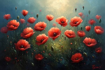Obraz na płótnie Canvas Blooming Beauties: A Poppy-filled Painting for the Month of May Generative AI