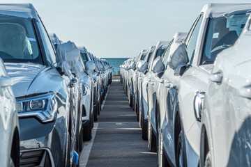 New cars waiting at the port before loading