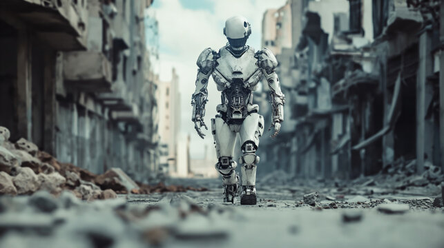Robot walking down a street in a destroyed city in an apocalyptic world