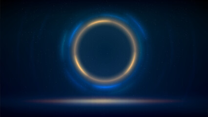 Stage with golden blue circular lighting background, spot of light on floor dark backdrop. Illuminated stage. Background for displaying products. Shimmering glittering particles. Vector illustration