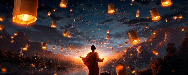 A lone monk observes a sky filled with lanterns symbolizing liberation and enlightenment against the backdrop of a mountain temple at dusk. meditative spiritual practices and retreats. Sampognition - obrazy, fototapety, plakaty