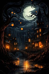 Halloween background with spooky castle and full moon