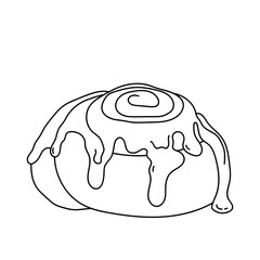 Cinnamon roll with cream and cinnamon. Dessert, sweets. Coloring page, icon, black and white vector illustration.