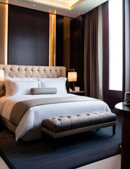 beautiful comtemporary luxury bedroom suite in hotel. Generative AI.