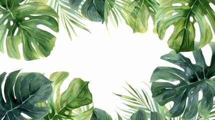 Watercolor Monstera Leaf. Cute watercolor Philodendron tropical leaves. Banner, wallpaper, green background, exotic tropical wall, abstract floral pattern, illustration. - obrazy, fototapety, plakaty