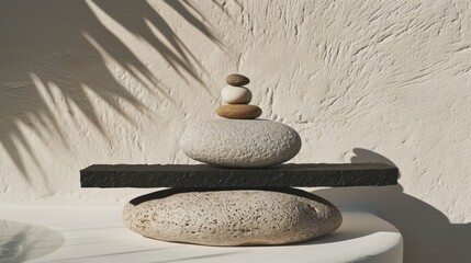 Fototapeta na wymiar Pebbles balanced on a black plank placed on a round stone. Sea pebble. Balancing pebbles. For banner, wallpaper, meditation, yoga, spa, the concept of harmony, balance. Smooth river stones