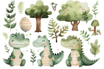Whimsical watercolor illustration featuring adorable cartoon crocodiles with a variety of green plants and trees, perfect for children's decor or educational material. - obrazy, fototapety, plakaty