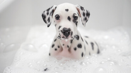 Cute Puppy Dalmatian Enjoying Bubble Bath Grooming