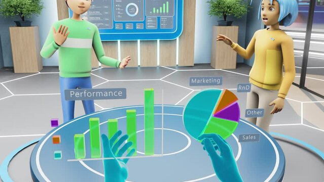 Corporate Business Meeting in 3D Virtual Reality Office. POV with Controllers and Two Animated Avatar Colleagues Doing Big Data and Marketing Sales Growth Analysis. VR Interactive Metaverse Space